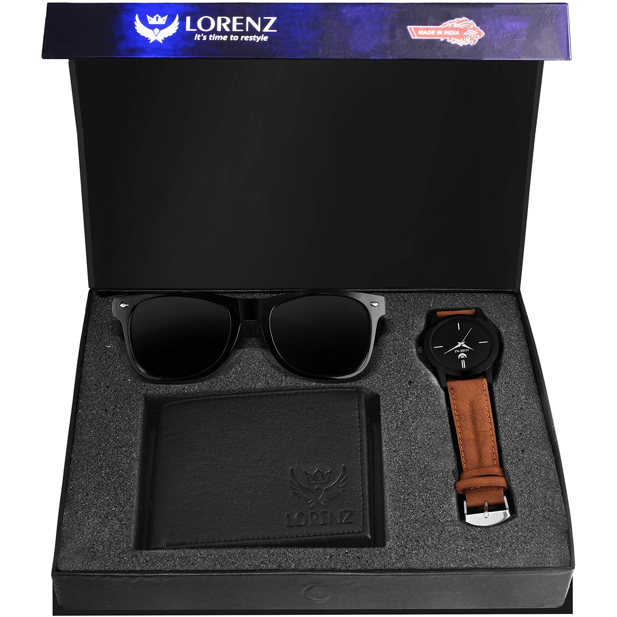 Lorenz Combo Of Analogue Black Dial Men's Leather Watch With Wallet And Black Sunglasses