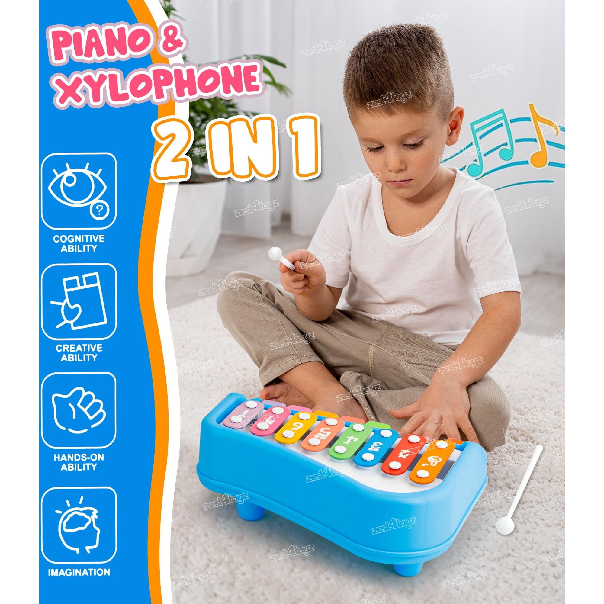 Zest 4 Toyz 2 In 1 Baby Xylophone Piano Musical Toy For 1 - 3 Year Old Kids 8 Keys Xylophone Piano With 6 Pieces Of Scores And Sticks Musical Learning Instruments Toy For Baby Kids Girls Boys