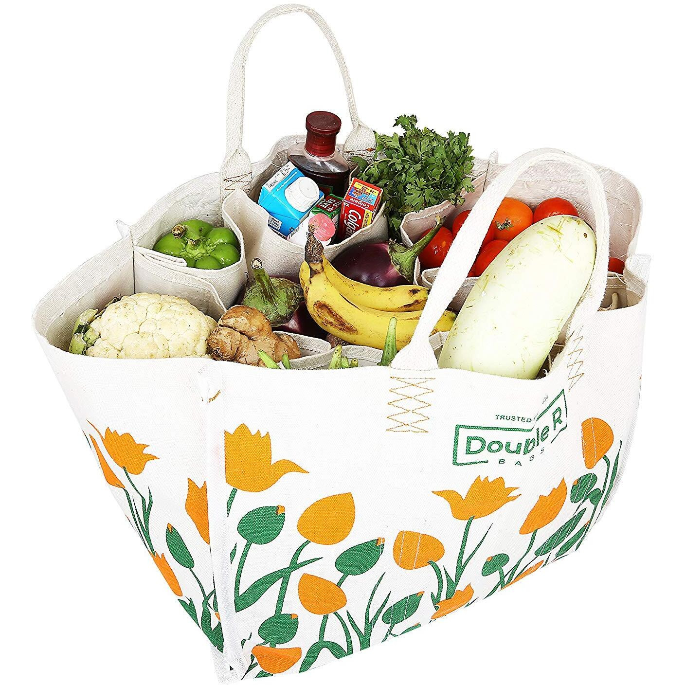 Double R Bags Large Reusable Heavy Duty Waterproof Shopping Carry Bags For Kitchen Essentials Grocery Vegetable Bag With Full Handles Best Gifting (18X11X14.50, Large) (Pack Of 1),Multicolor
