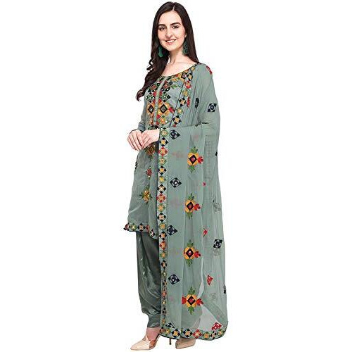 Ethnicjunction Women's Chanderi Cotton Rajasthani Mirror Work Embroidery Unstitched Salwar Suit Dress Material (Ej1180-88031 Ash Grey Free Size)
