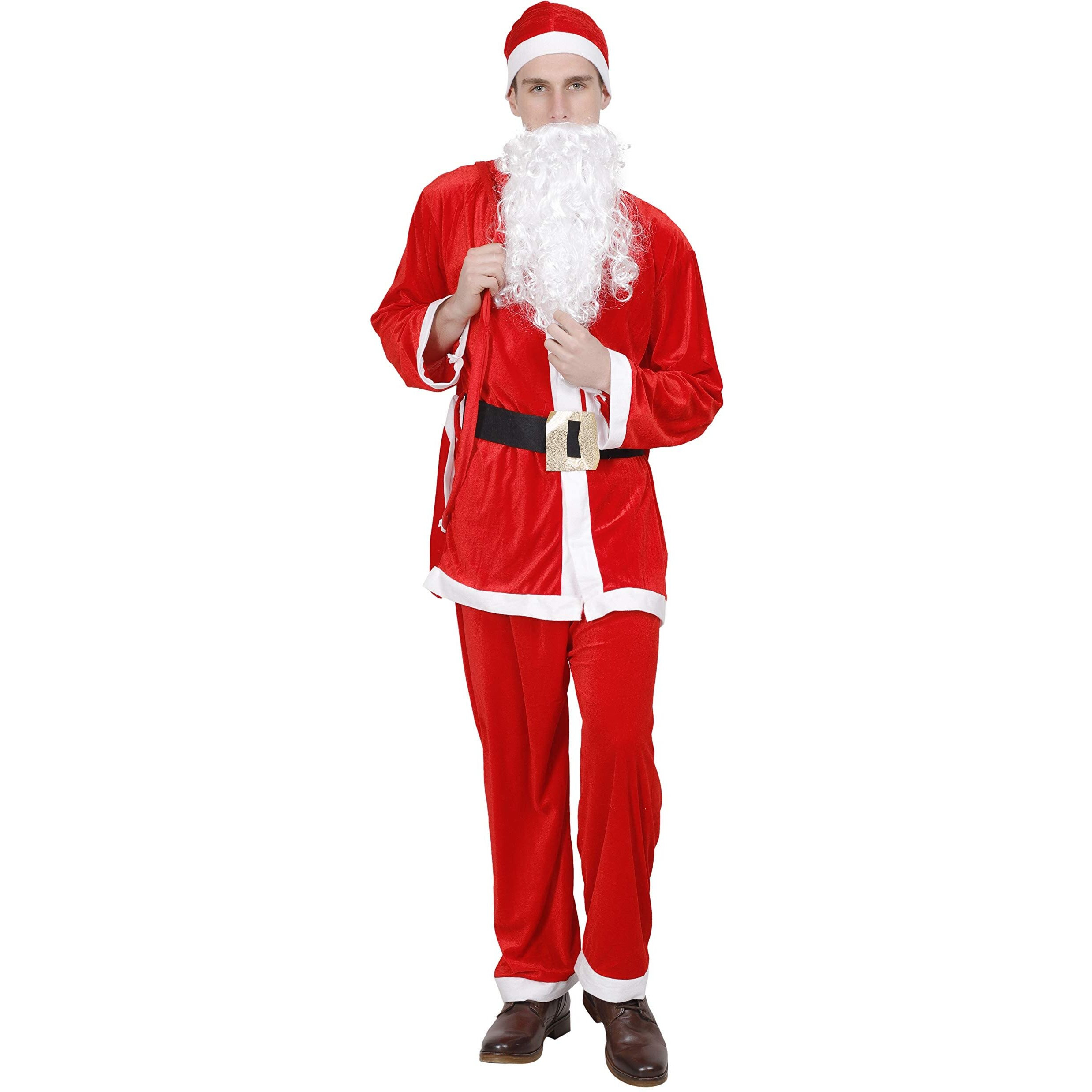 Kaku Fancy Dresses Adult Santa Clause Fancy Dress In Velvet Fabric For Christmas Day Costume With White Beard, Cap, Belt And Bag, For Men's, 16-17 Years