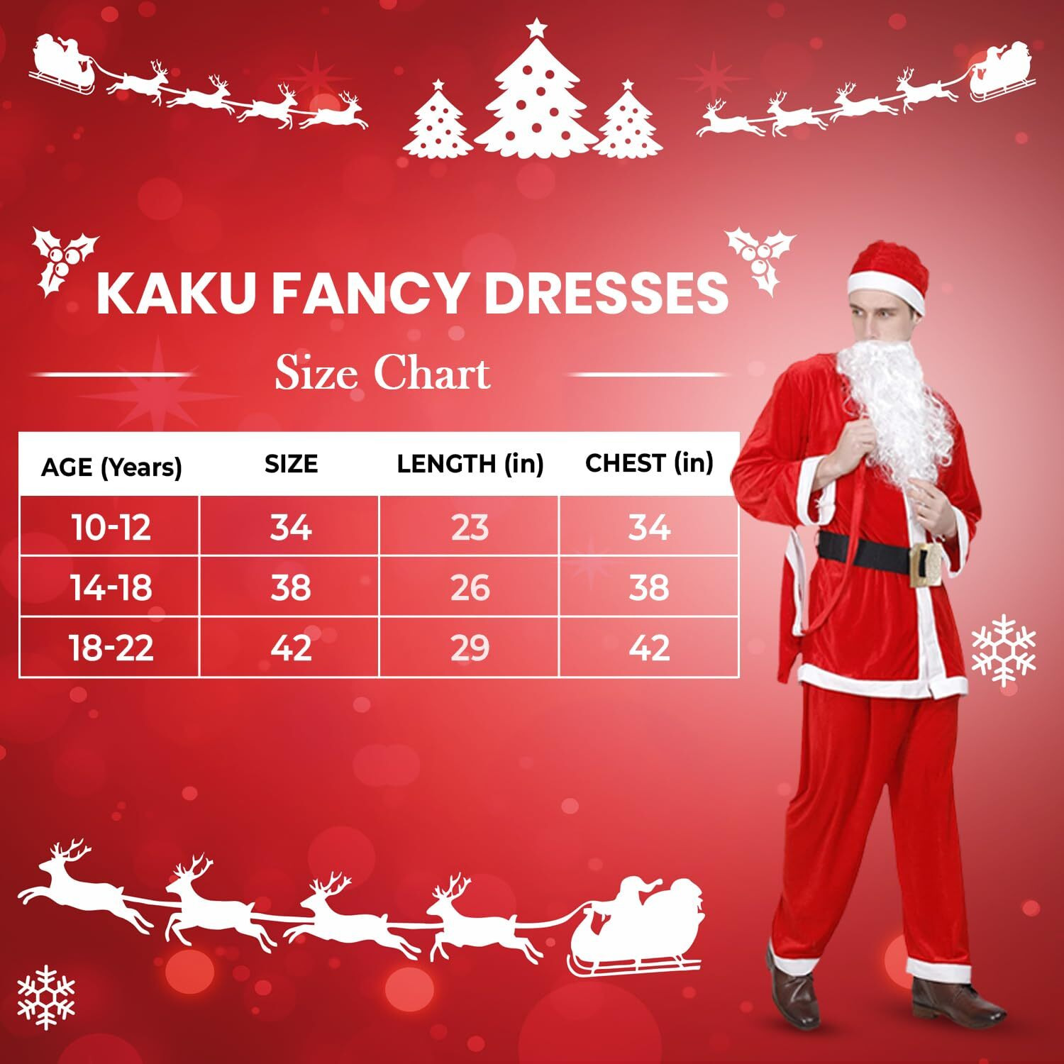 Kaku Fancy Dresses Adult Santa Clause Fancy Dress In Velvet Fabric For Christmas Day Costume With White Beard, Cap, Belt And Bag, For Men's, 16-17 Years
