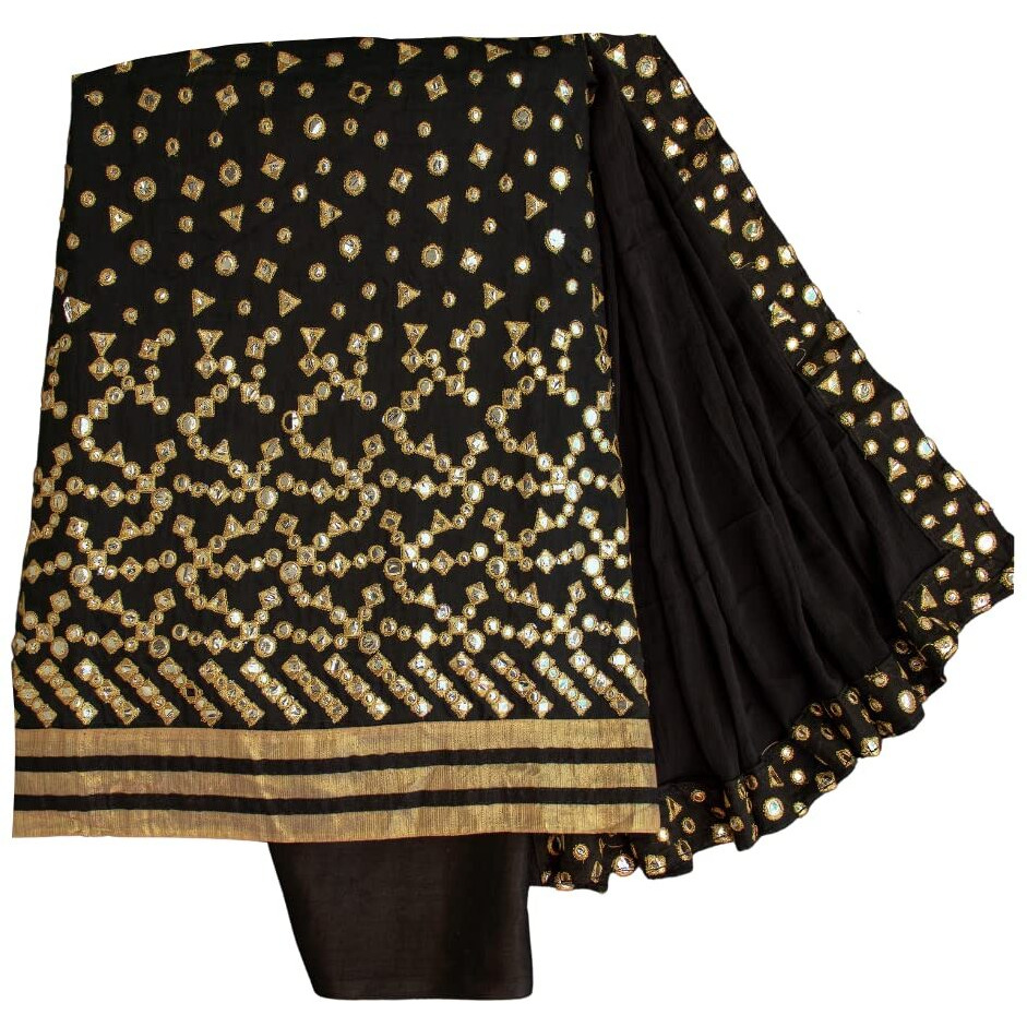 Ethnicjunction Women's Chanderi Cotton Mirror Work Unstitched Salwar Suit Material (Ej3017-Mirror - Black_Black)