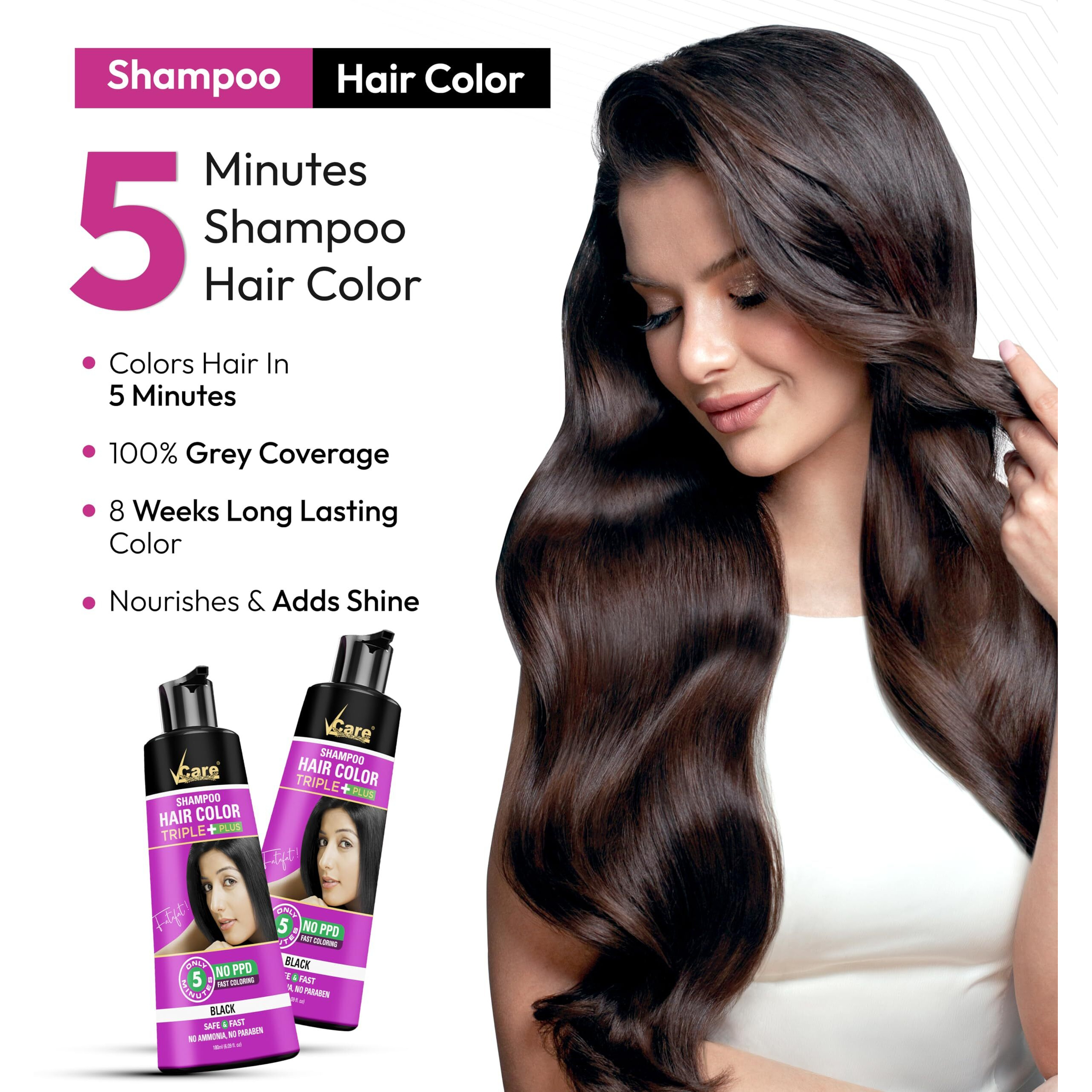 Vcare Shampoo Hair Colour Shampoo, Black, 180Ml For Unisex Only 5 Minute Root Hair Dye Coloring Kit, Salon Like Hair Color At Home
