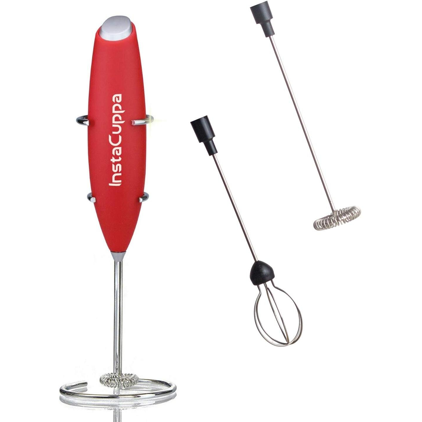 Instacuppa Milk Frother Handheld Battery Operated Electric Foam Maker With Stainless Steel Whisk,Included Stainless Steel Stand And 2 Whisks, Red