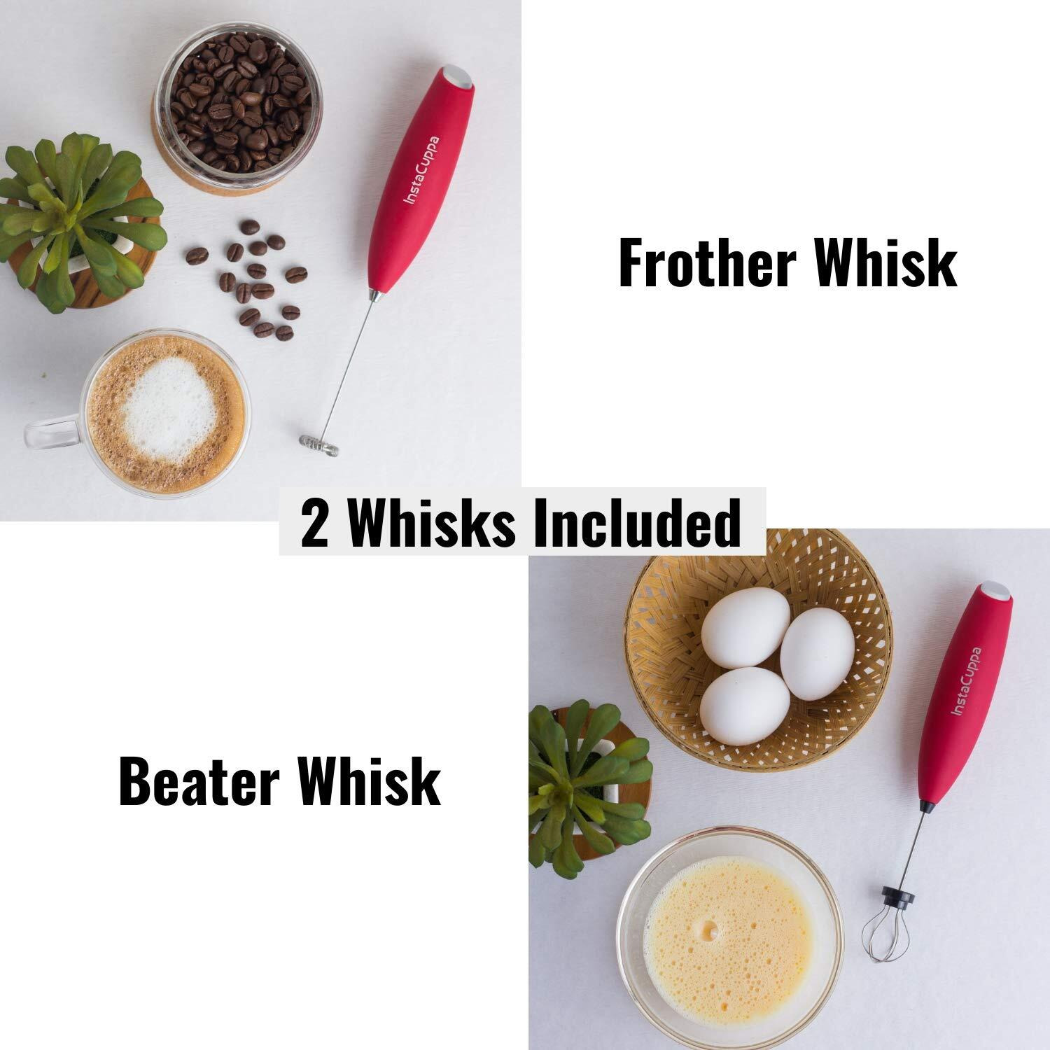 Instacuppa Milk Frother Handheld Battery Operated Electric Foam Maker With Stainless Steel Whisk,Included Stainless Steel Stand And 2 Whisks, Red