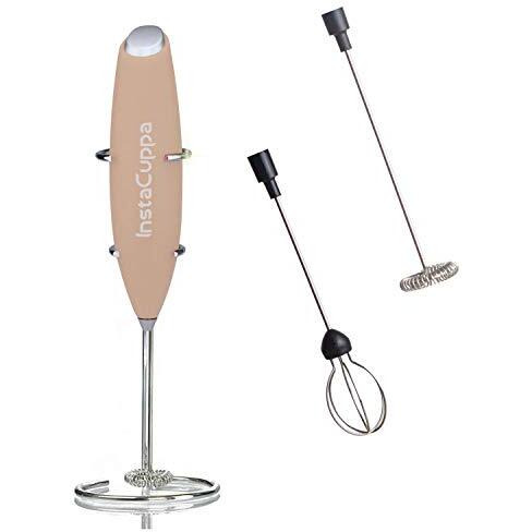 Instacuppa Milk Frother Handheld Battery Operated Electric Foam Maker With Stainless Steel Whisk,Included Stainless Steel Stand And 2 Whisks,Rose Gold