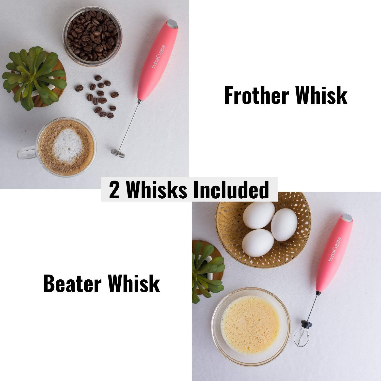 Instacuppa Milk Frother Handheld Battery Operated Electric Foam Maker With Stainless Steel Whisk,Included Stainless Steel Stand And 2 Whisks, Pink