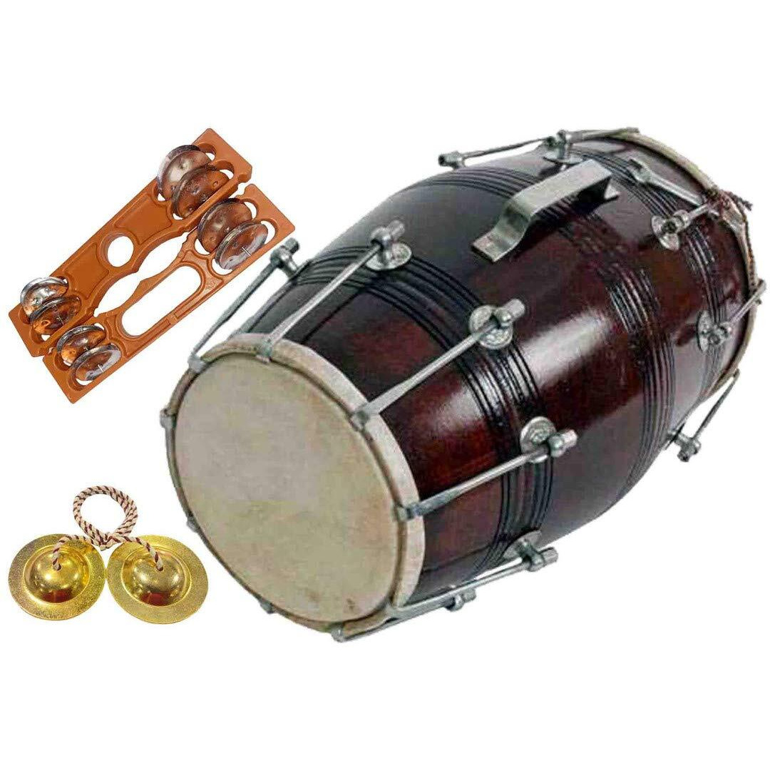 Gt Manufacture Professinal Mango Wood Nut & Bold Fitting Dholak With Manjira&Khartal Free(Brown)