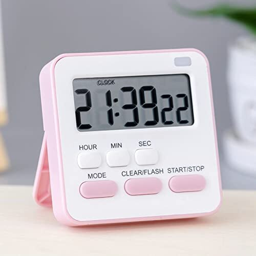 Wolpin Digital Kitchen Timer & Stopwatch, Countdown Large Digits, Loud Alarm, Magnetic Stand Round Cooking | Baking | Kids Study Teacher Shower Bathroom Oven Round Stand Hanging Hole, Pink & White