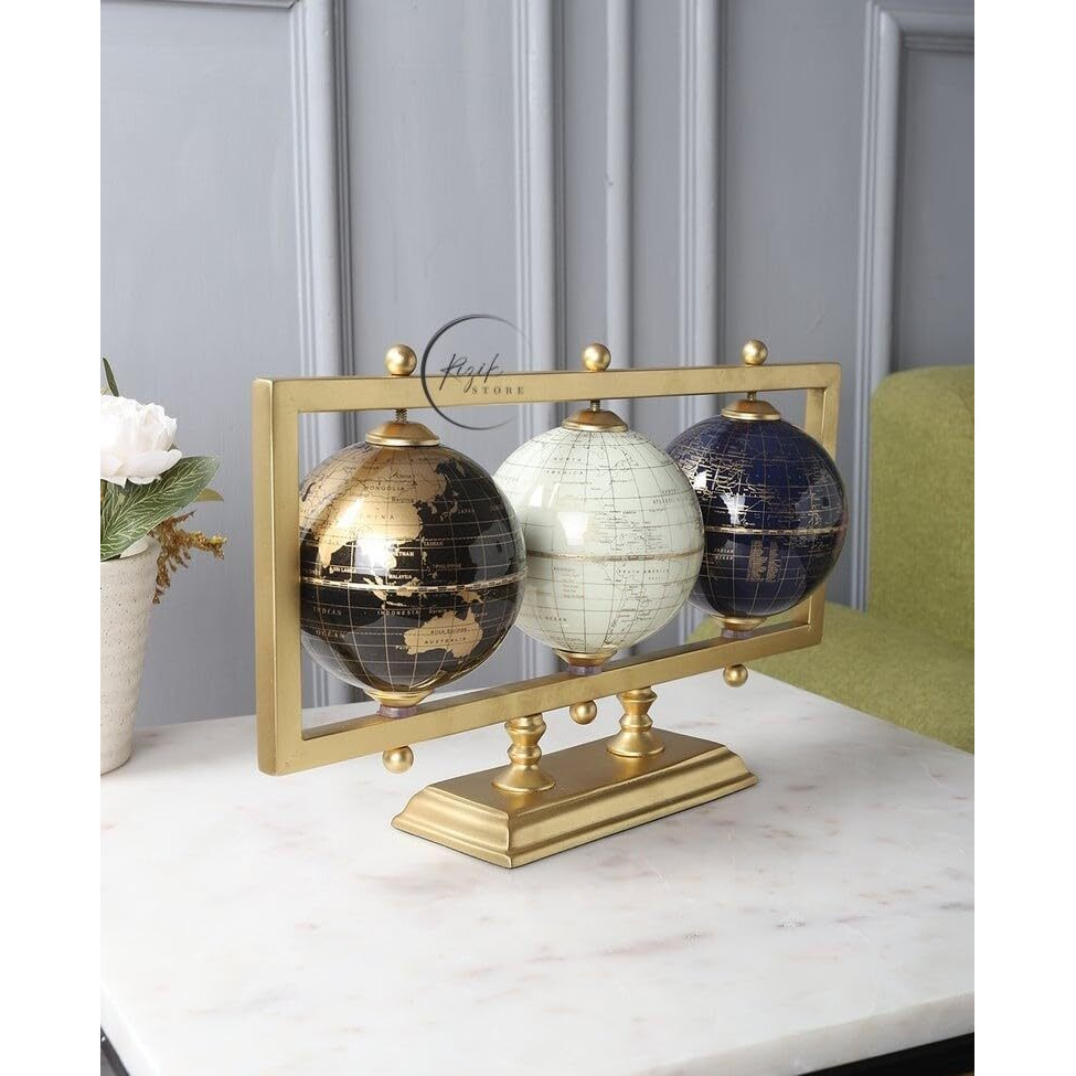 Rizik Store Educational World Rotating Globe 4 Inch Diameter Ball And Iron Frame 3 Balls In Gold Color For Home Decor/Office Decor/Study Room/Gift Product (4 Inch Ball) (Gold)