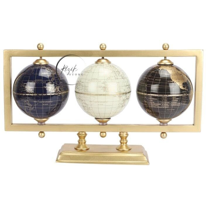 Rizik Store Educational World Rotating Globe 4 Inch Diameter Ball And Iron Frame 3 Balls In Gold Color For Home Decor/Office Decor/Study Room/Gift Product (4 Inch Ball) (Gold)