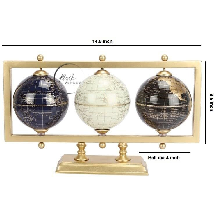 Rizik Store Educational World Rotating Globe 4 Inch Diameter Ball And Iron Frame 3 Balls In Gold Color For Home Decor/Office Decor/Study Room/Gift Product (4 Inch Ball) (Gold)