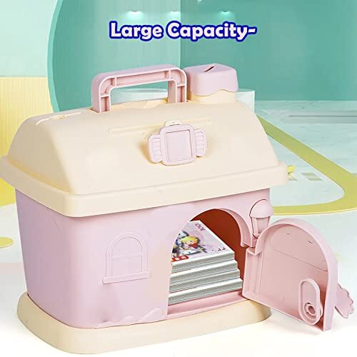 Wishkey Cottage House Shaped Piggy Bank For Kids,Cute Piggy Bank With Lock,Money Saving Box Money Bank Container With Handle&Keys,Atm Piggy Bank For Real Money,Gifting Item For Girls(Set Of 1,Pink)