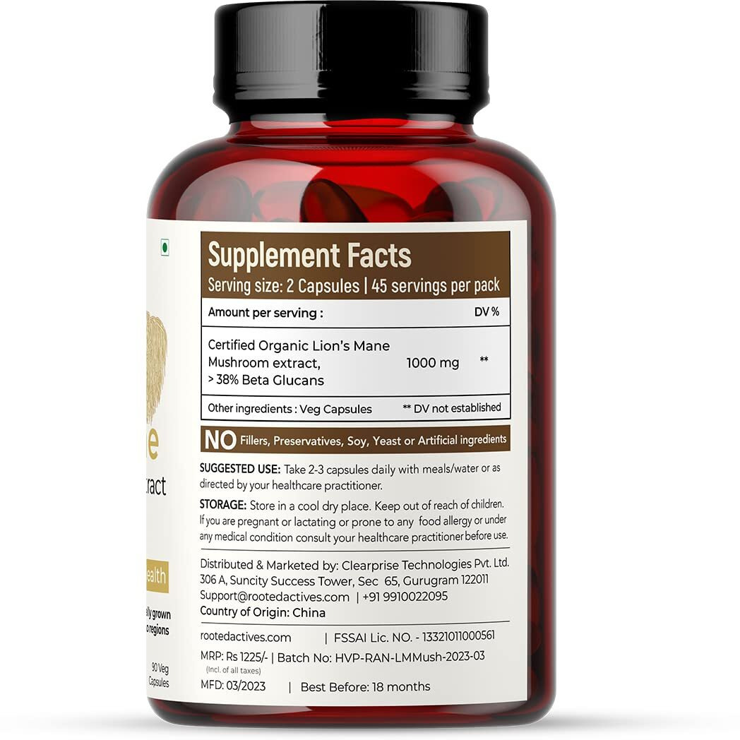 Rooted Usda Organic Lions Mane Mushroom Extract Capsules, 38% Beta Glucan(90 Counts)