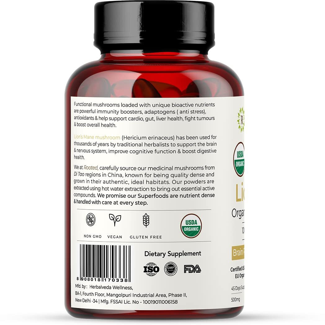 Rooted Usda Organic Lions Mane Mushroom Extract Capsules, 38% Beta Glucan(90 Counts)