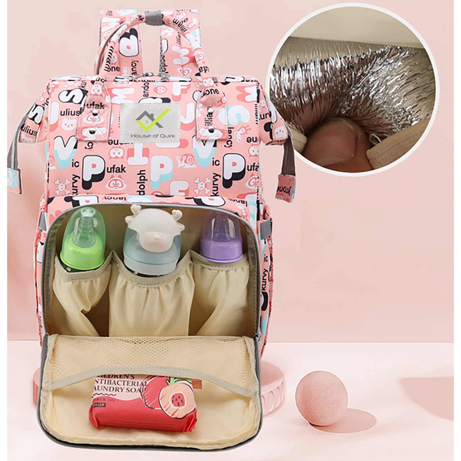 House Of Quirk Baby Diaper Bag Maternity Backpack (Pink Alphabet)