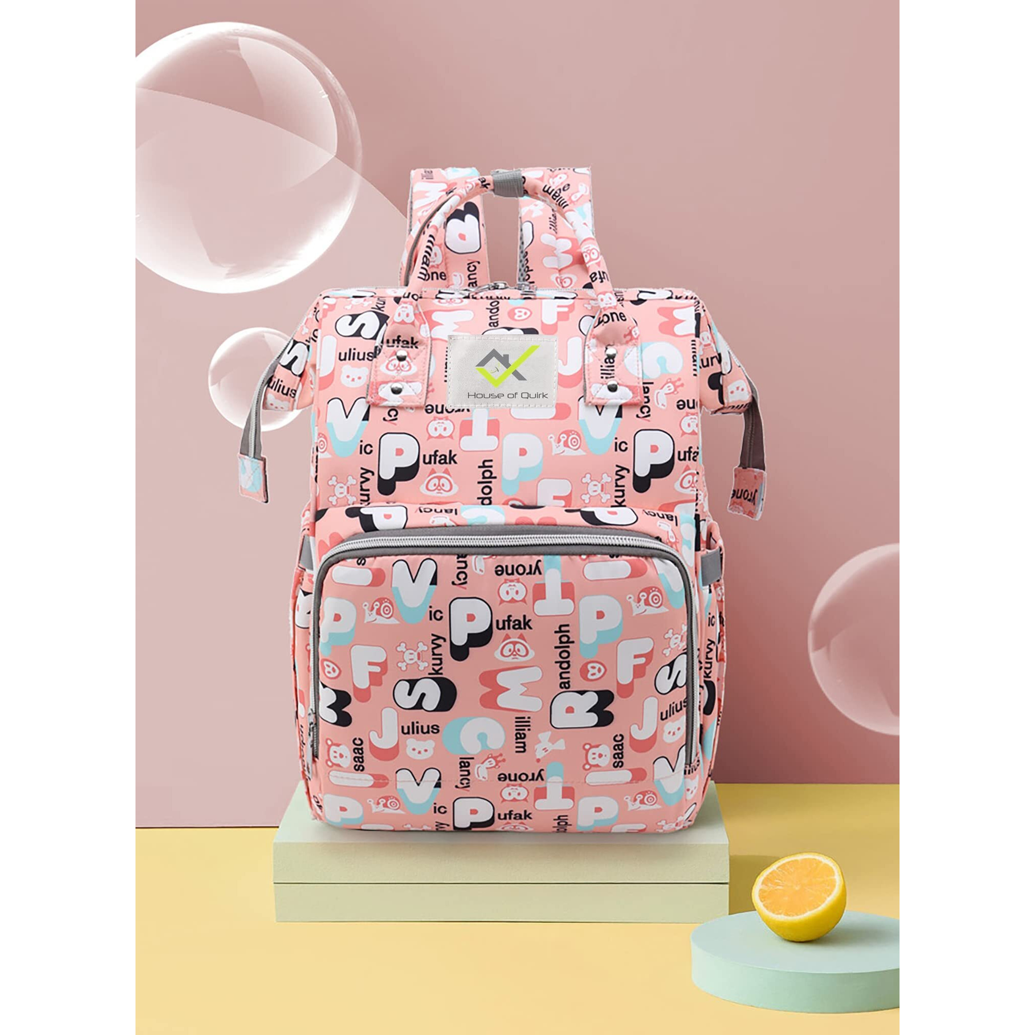 House Of Quirk Baby Diaper Bag Maternity Backpack (Pink Alphabet)