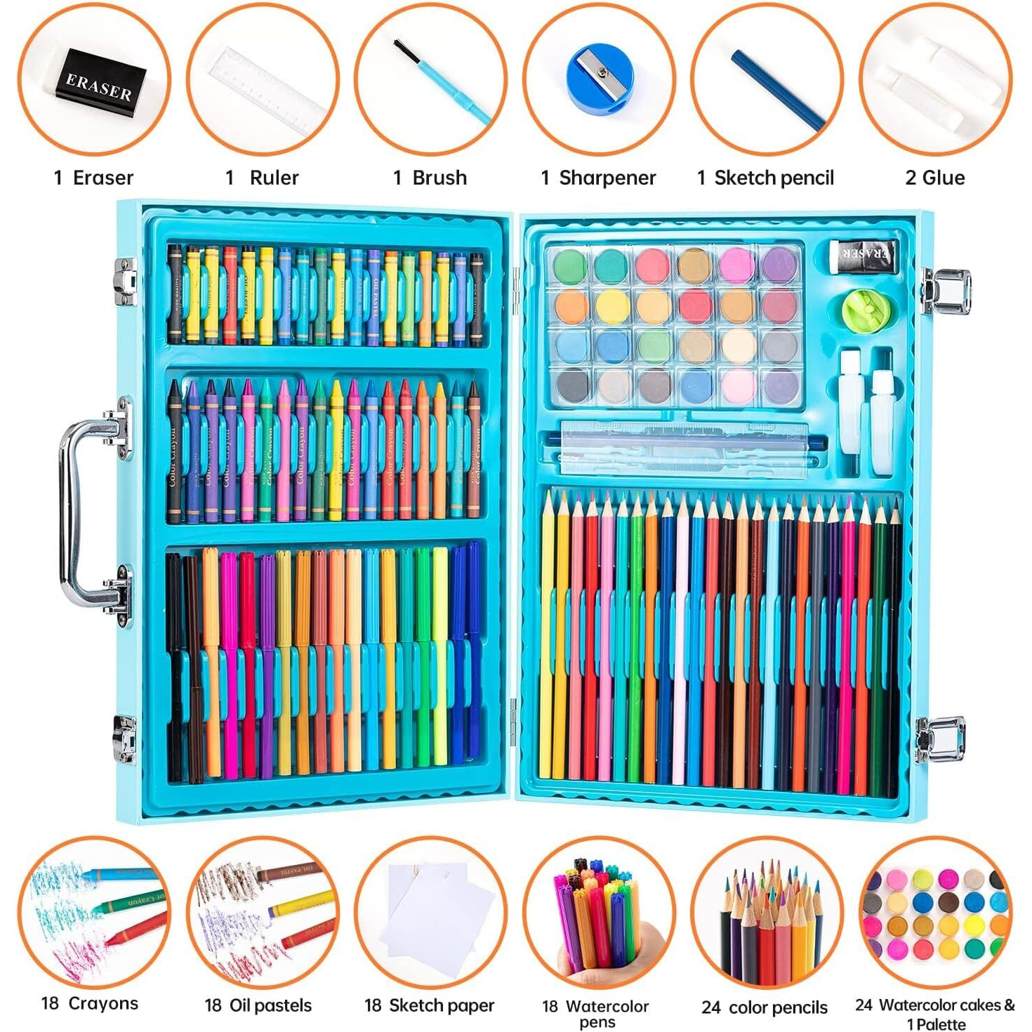 Uoxoo 128 Pieces Art Set Portable Drawing Painting Art Supplies Gifts For Kids Girls Boys Teens Adults 6-8-9-12 Coloring Art Kit Gift Case Crayons, Oil Pastels,Colored Pencils, Watercolors Case