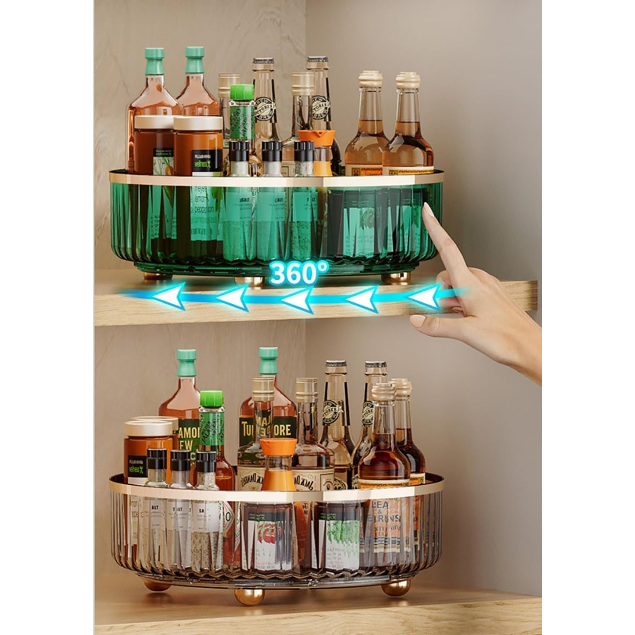 House Of Quirk Turntable Cupboard Organizer Multi-Functional Spice Rack Kitchen Rotating Storage Rack Transparent Revolving Condiment Holder For Kitchen Storage (Green)