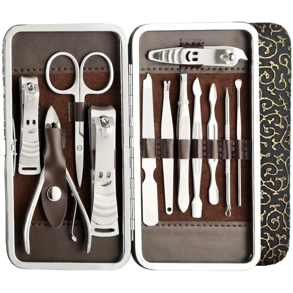 Beaut Secrets Basics Manicure Set Nail Clippers, Stainless Steel Nail Scissors Grooming Kit, Acne Needle, Blackhead Tool Leather Travel Case (Silver)