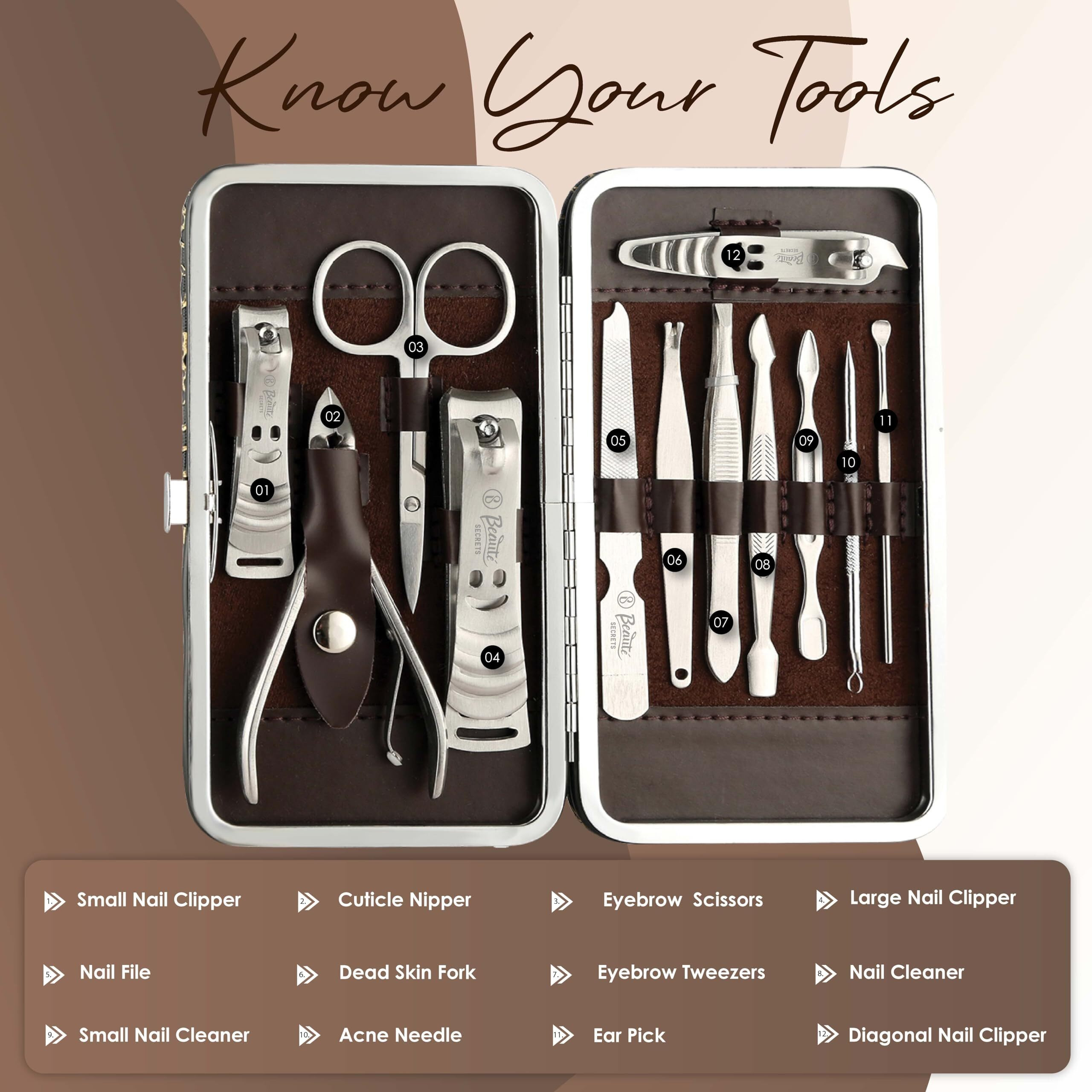 Beaut Secrets Basics Manicure Set Nail Clippers, Stainless Steel Nail Scissors Grooming Kit, Acne Needle, Blackhead Tool Leather Travel Case (Silver)