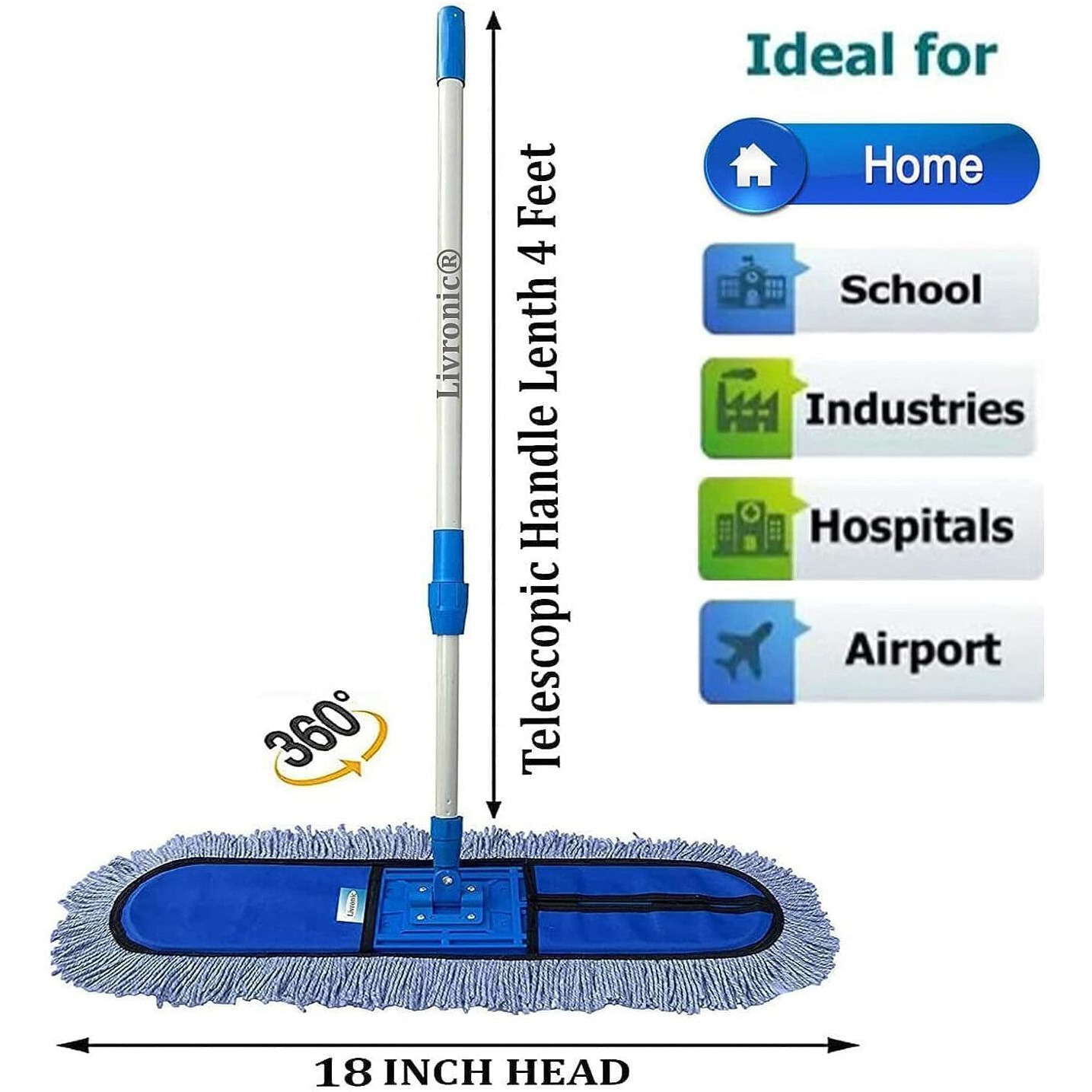 Livronic Wet And Dry Cotton Floor Mop With 4Ft Long Handle With 360 Degree Movement Which Allows You To Clean Every Corners Easily With 18" Head With Refill (18 Inch Mop Set With Silicone Gloves)