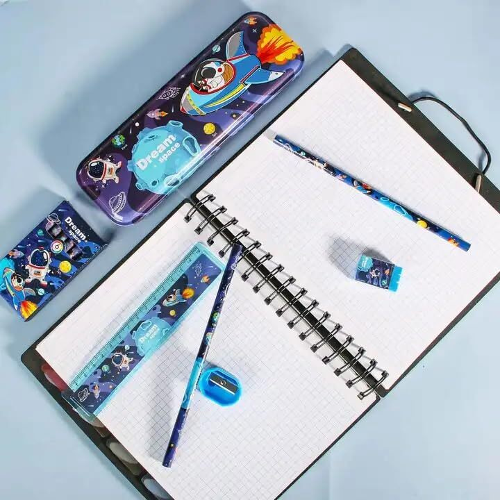 Cable World Stationary Kit Set For School Kids,Girls/Boys Birthday Gift - Pencil Pen Book Eraser Sharpener (Space) - Multicolor