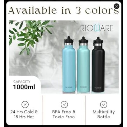 Rioware Riotuff Insulated Water Bottle 1000Ml Stainless Steel Leak Proof 24 Hours Hot And Cold For School,Office,Gym, Sports, Hiking, Trek, Travel For Men & Women Matt Finish(Green)