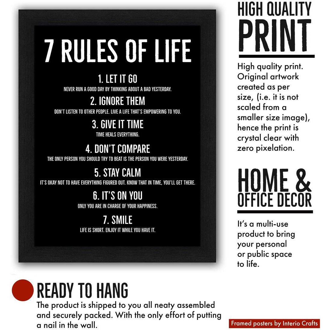 Interio Crafts 7 Rule Of Life Motivational Wall Frame Poster, Synthetic Wood, Size 13&quotX10" Inches (Black)