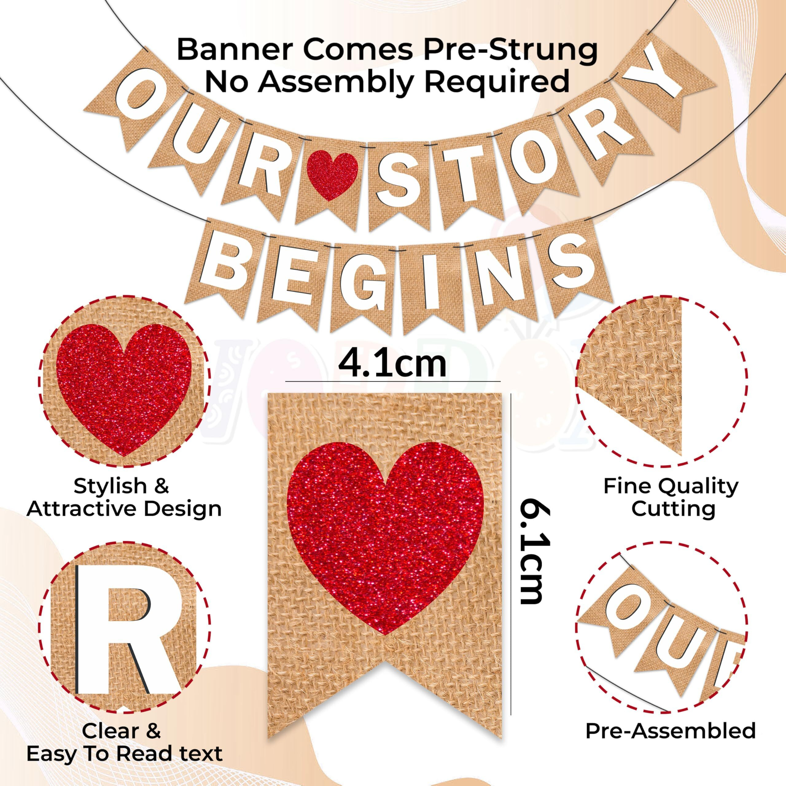 Wobbox Jute Style White Text & Red Heart &quotOur Story Begins" Pre Wedding Bunting Banner, Pre-Wedding Decoration Item