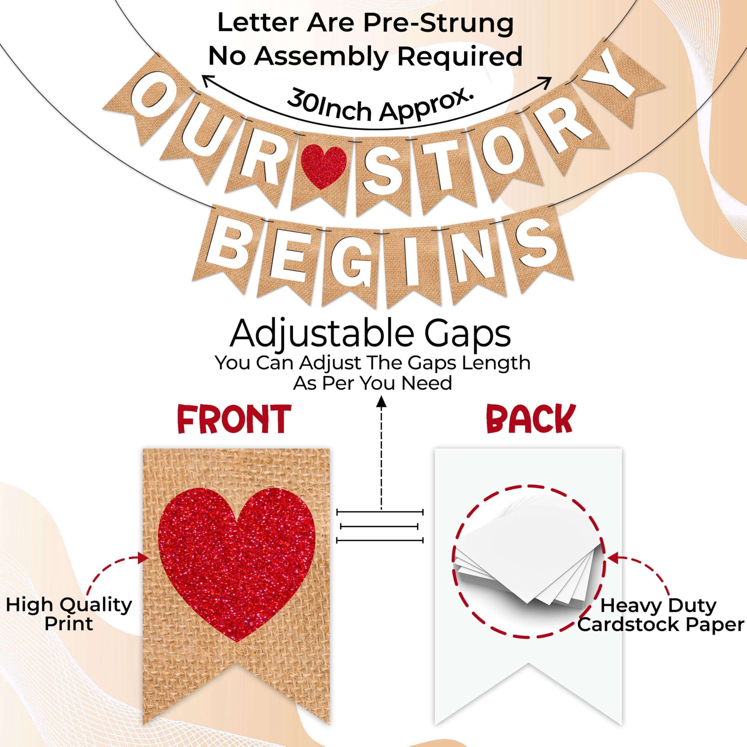 Wobbox Jute Style White Text & Red Heart &quotOur Story Begins" Pre Wedding Bunting Banner, Pre-Wedding Decoration Item