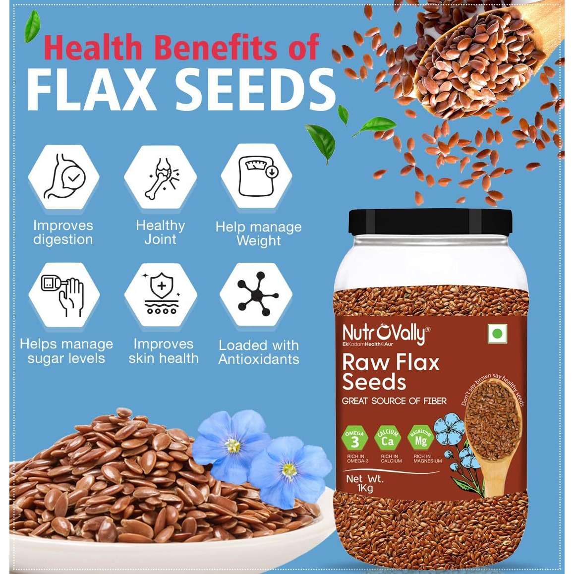 Nutrovally Flax Seeds (950G) | Beneficial For Hair Growth | Rich In Protein, Fiber | Healthy Flax Seeds For Eating (Alsi)