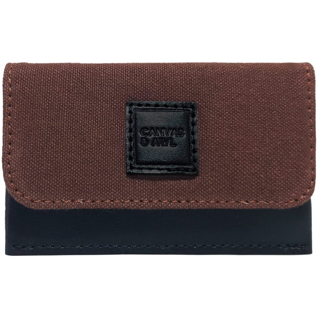 Canvas & Awl Canvas & Genuine Leather Card Holder Pocket Sized Slim Minimalist Wallet Business Card Case (Dark Brown & Black)