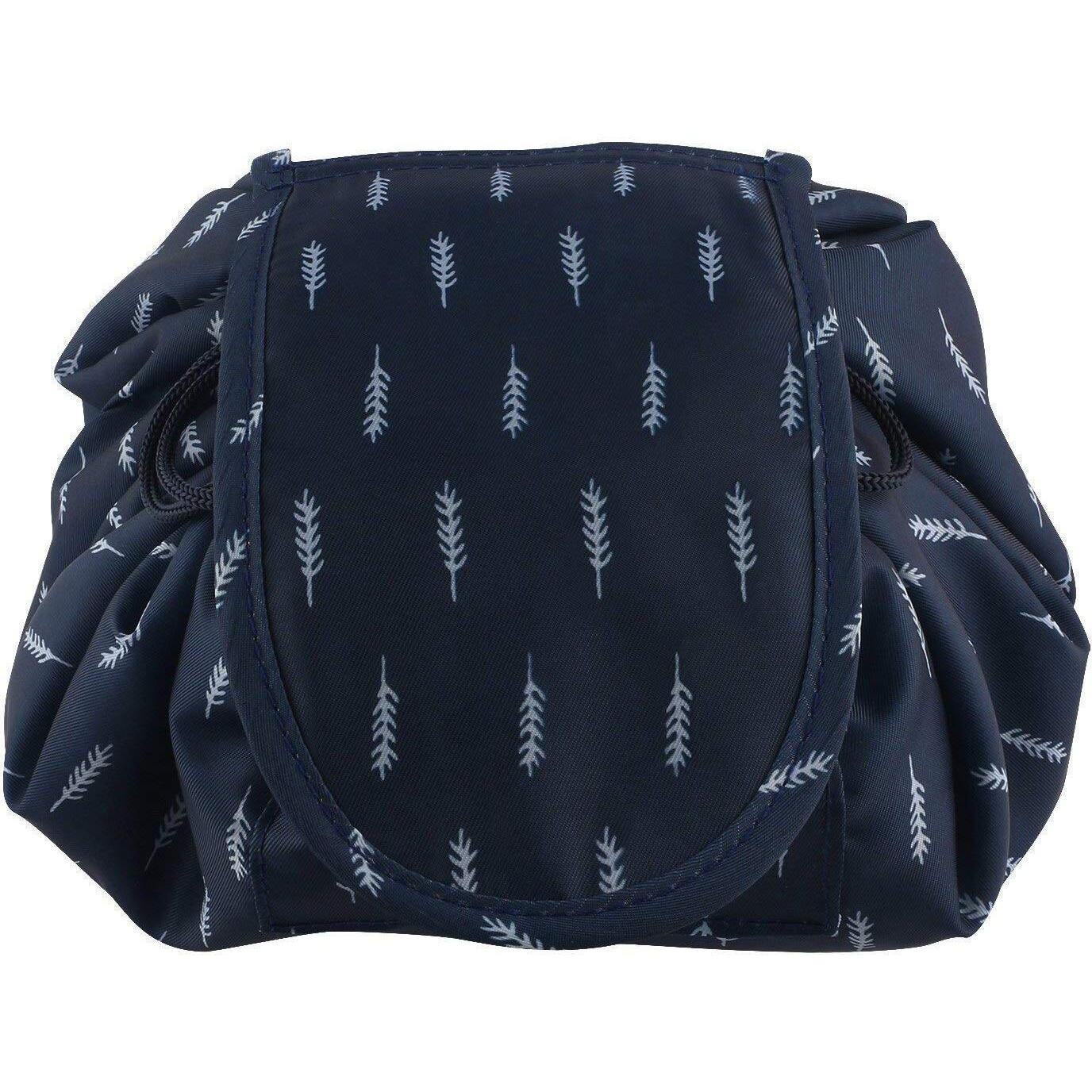 Favria Lazy Cosmetic Bag Drawstring Travel Makeup Bag Pouch Multifunction Storage Portable Toiletry Bags - (Dark Blue Leaf)