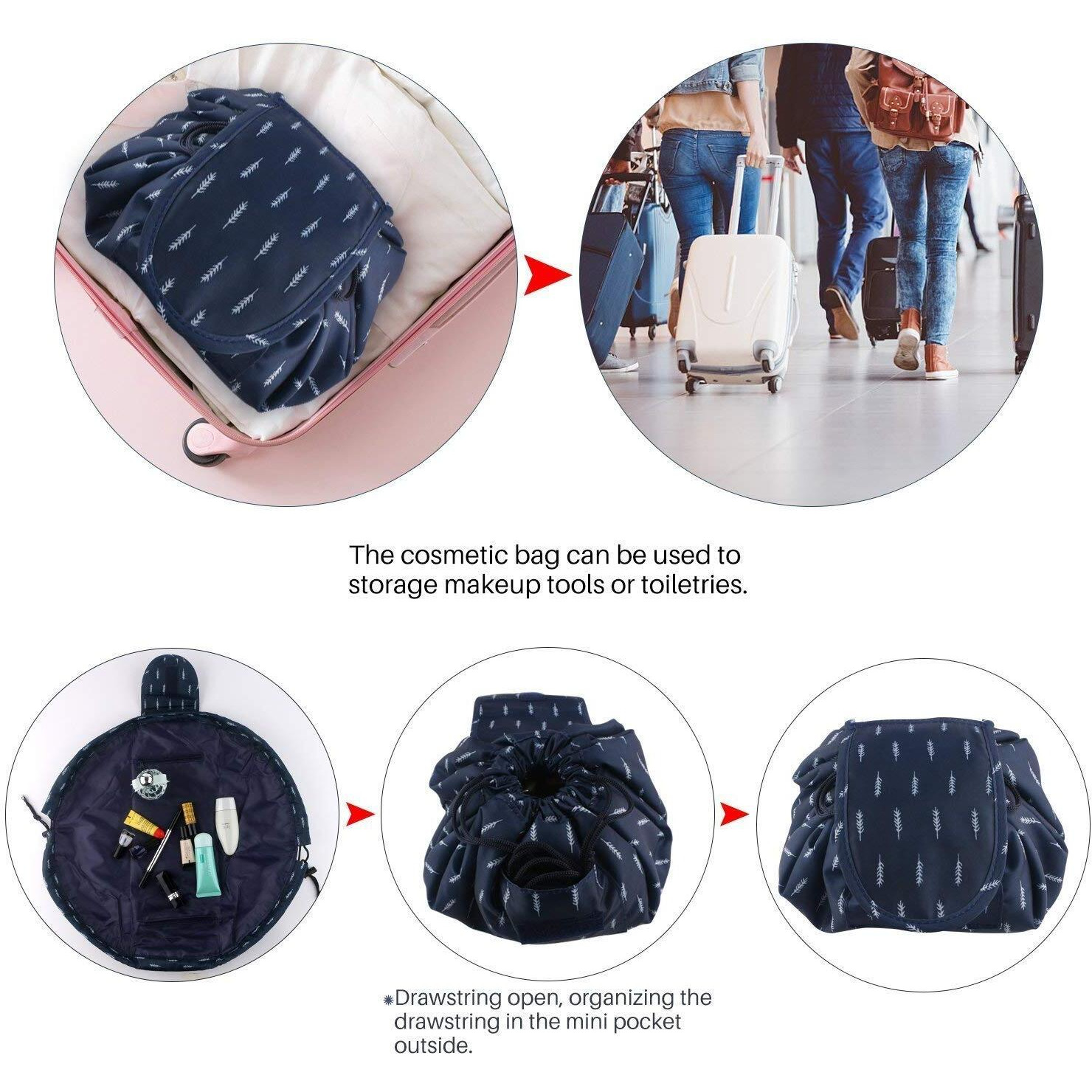 Favria Lazy Cosmetic Bag Drawstring Travel Makeup Bag Pouch Multifunction Storage Portable Toiletry Bags - (Dark Blue Leaf)