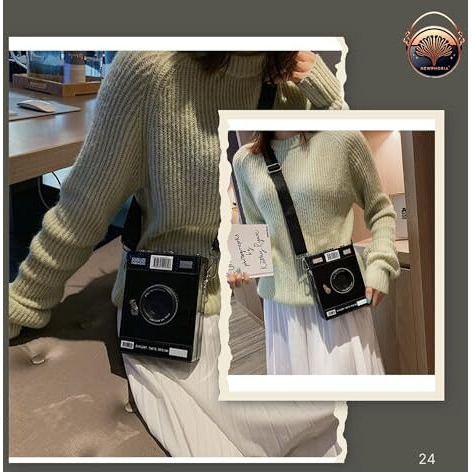 Newphoria P39 Trendy Camera Shape Sling Bag For Women & Girls | Stylish Metallic Crossbody Bag | Casual Party Shoulder Bag | Unique Design Handbags For Women For Daily Use (P39-Black)