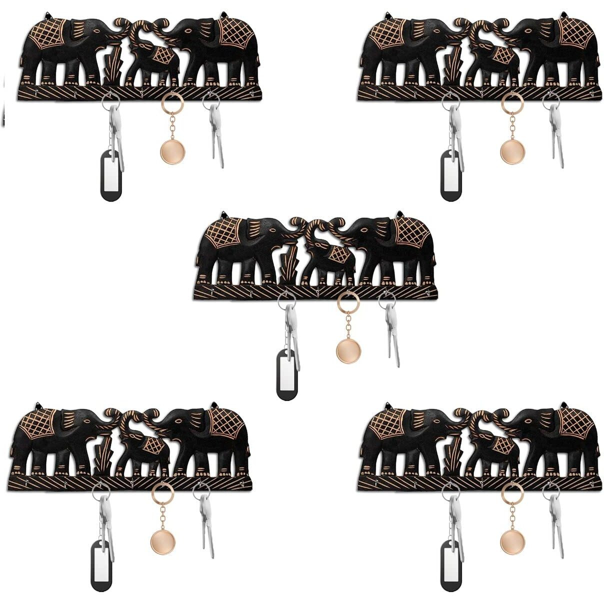 Karigar Creations Elephant Design Wooden Key Holder Decorative Wall Decor Key Holder For Home Mdf Wood Key Chain Holder With 8 Hooks (Pack Of 5)