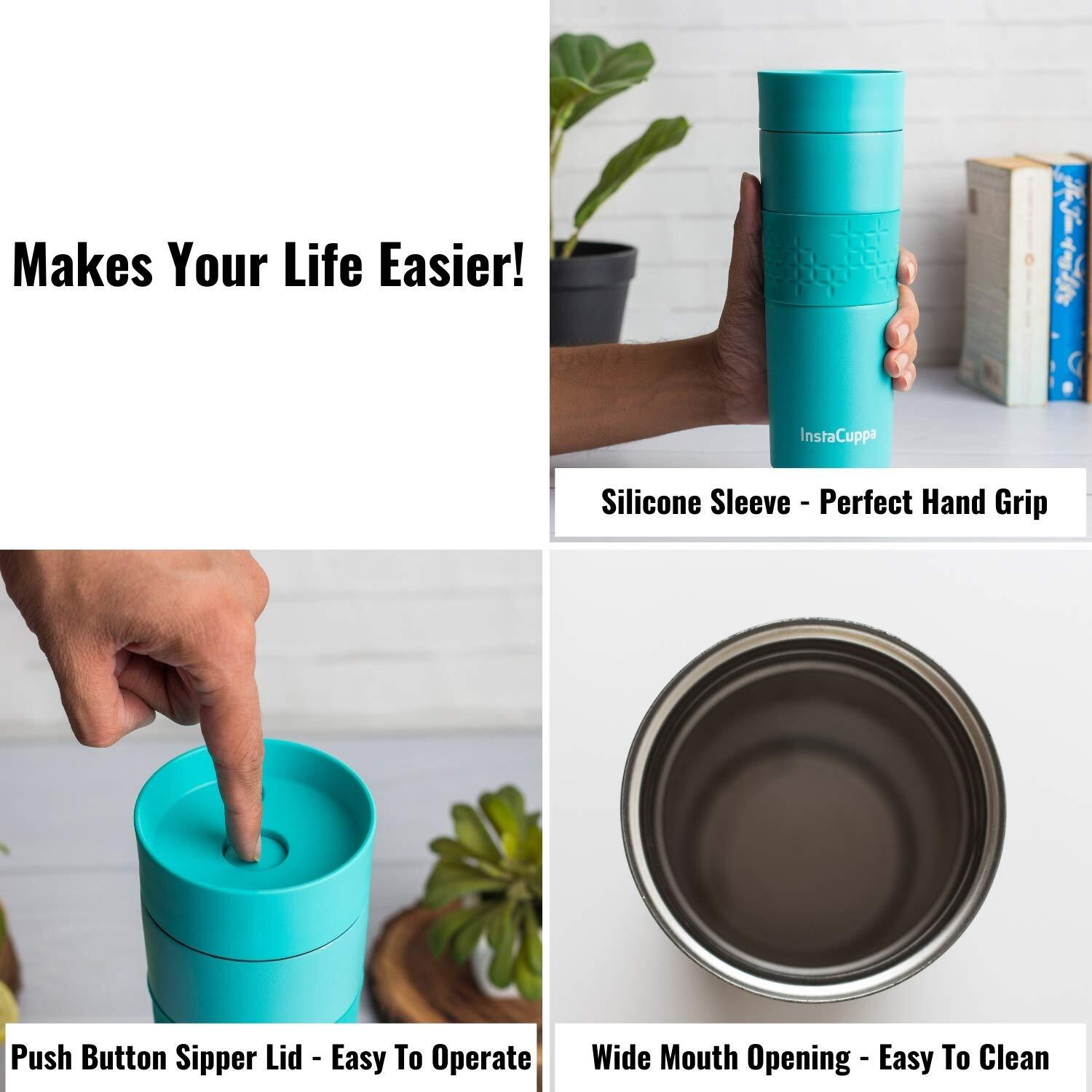 Instacuppa Stainless Steel Vacuum Insulated Coffee, Tea Travel Mug, Leak Proof Sipper Lid, Double Walled Thermosteel Flask Mug, Premium Matte Finish, Anti-Slip Grip (350 Ml, Green)