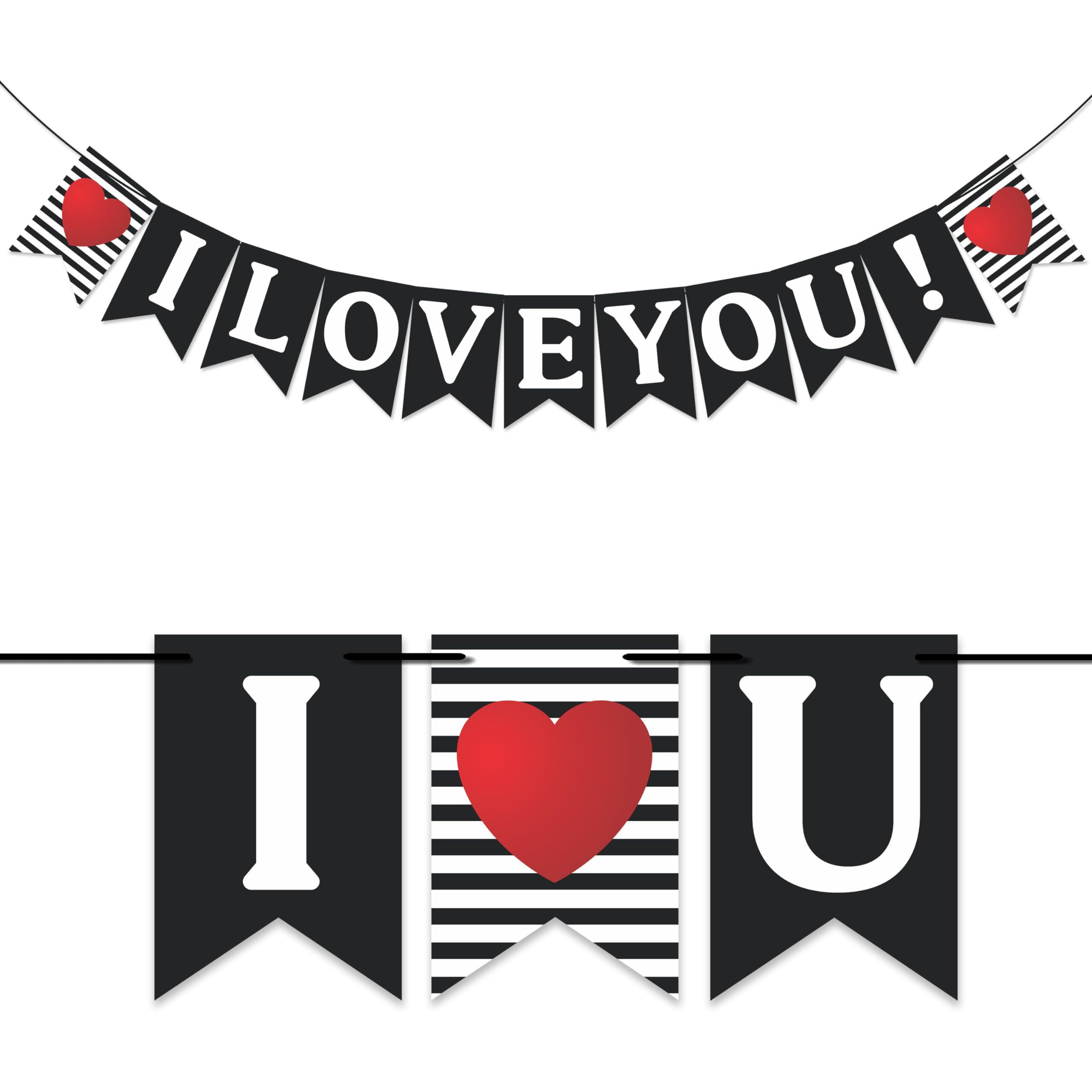 Wobbox White & Black Line Pattern &quotI Love You" Bunting Banner For Anniversary, Pre-Wedding & Wedding, Love Banner For Decoration