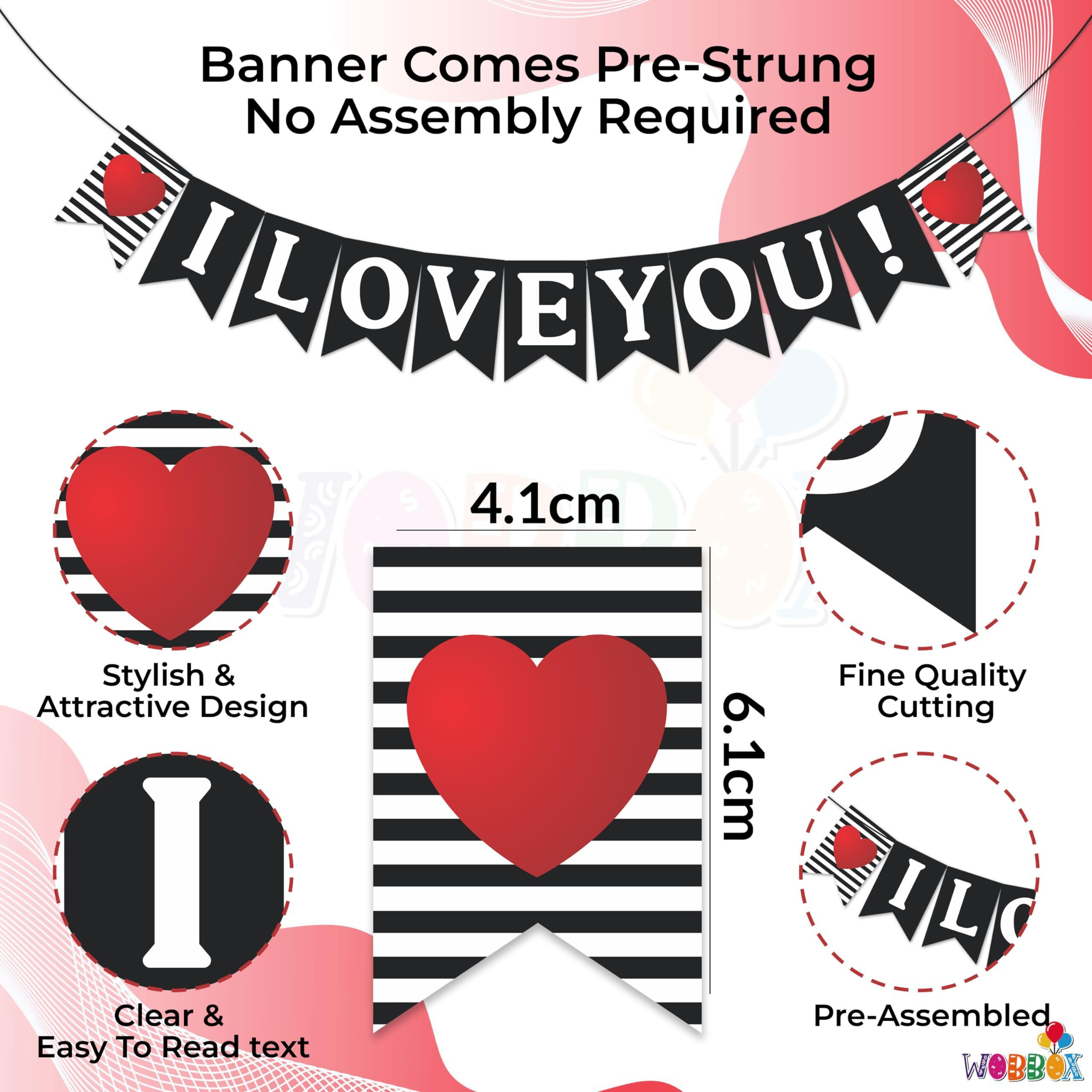 Wobbox White & Black Line Pattern &quotI Love You" Bunting Banner For Anniversary, Pre-Wedding & Wedding, Love Banner For Decoration