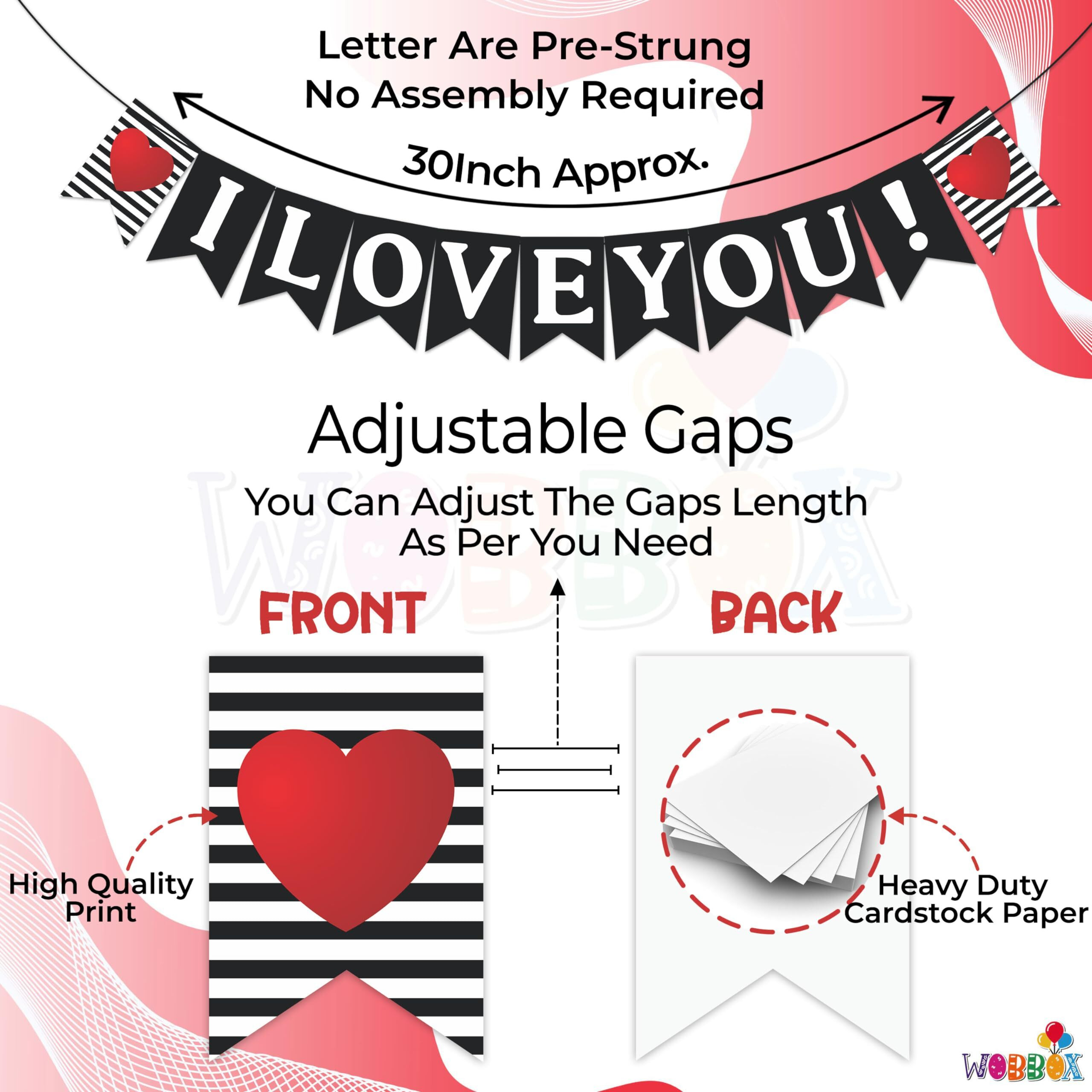 Wobbox White & Black Line Pattern &quotI Love You" Bunting Banner For Anniversary, Pre-Wedding & Wedding, Love Banner For Decoration