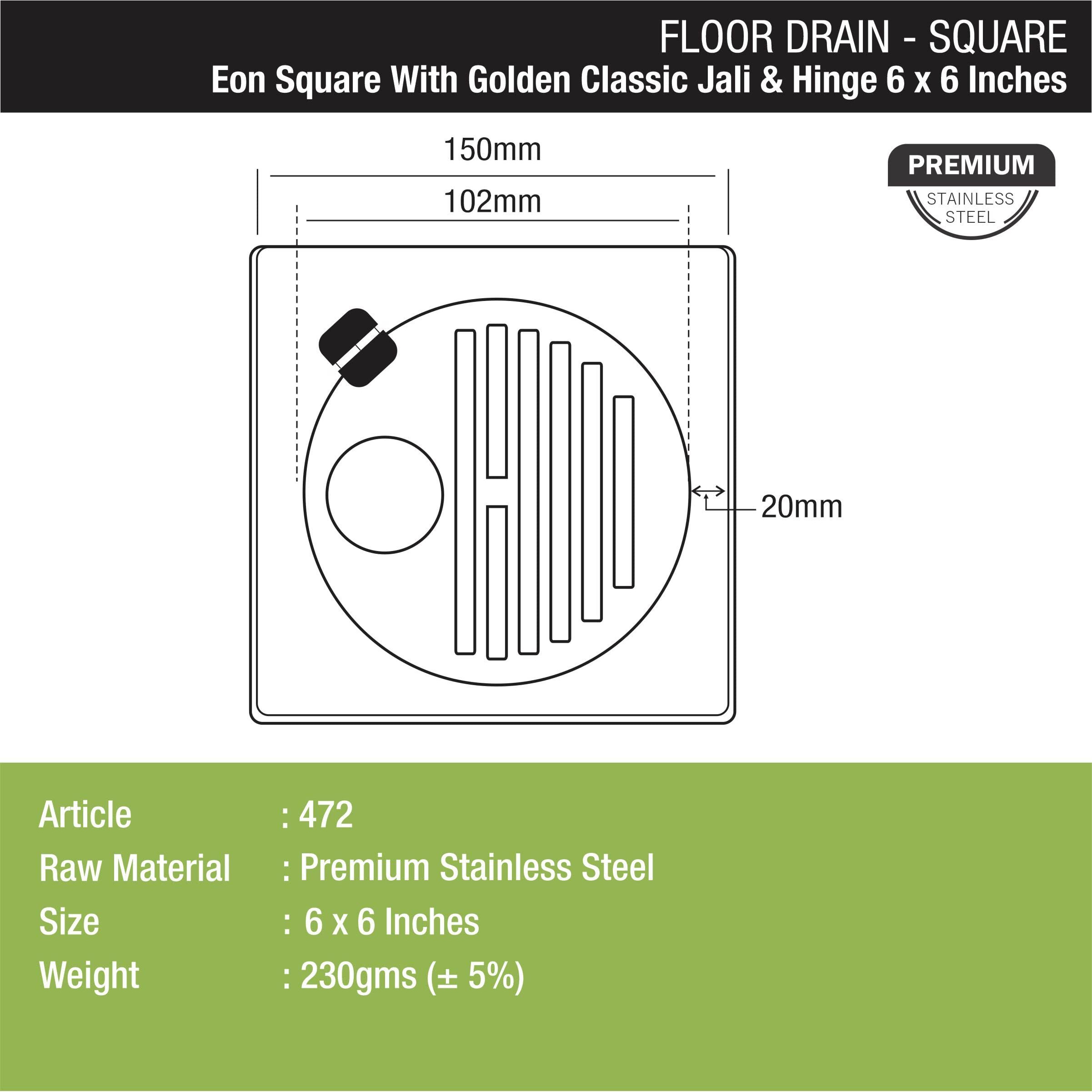 Lipka Eon Square With Golden Classic Jali Floor Drain |Premium Stainless Steel |6 X 6 Inches| With Hinge & Hole|