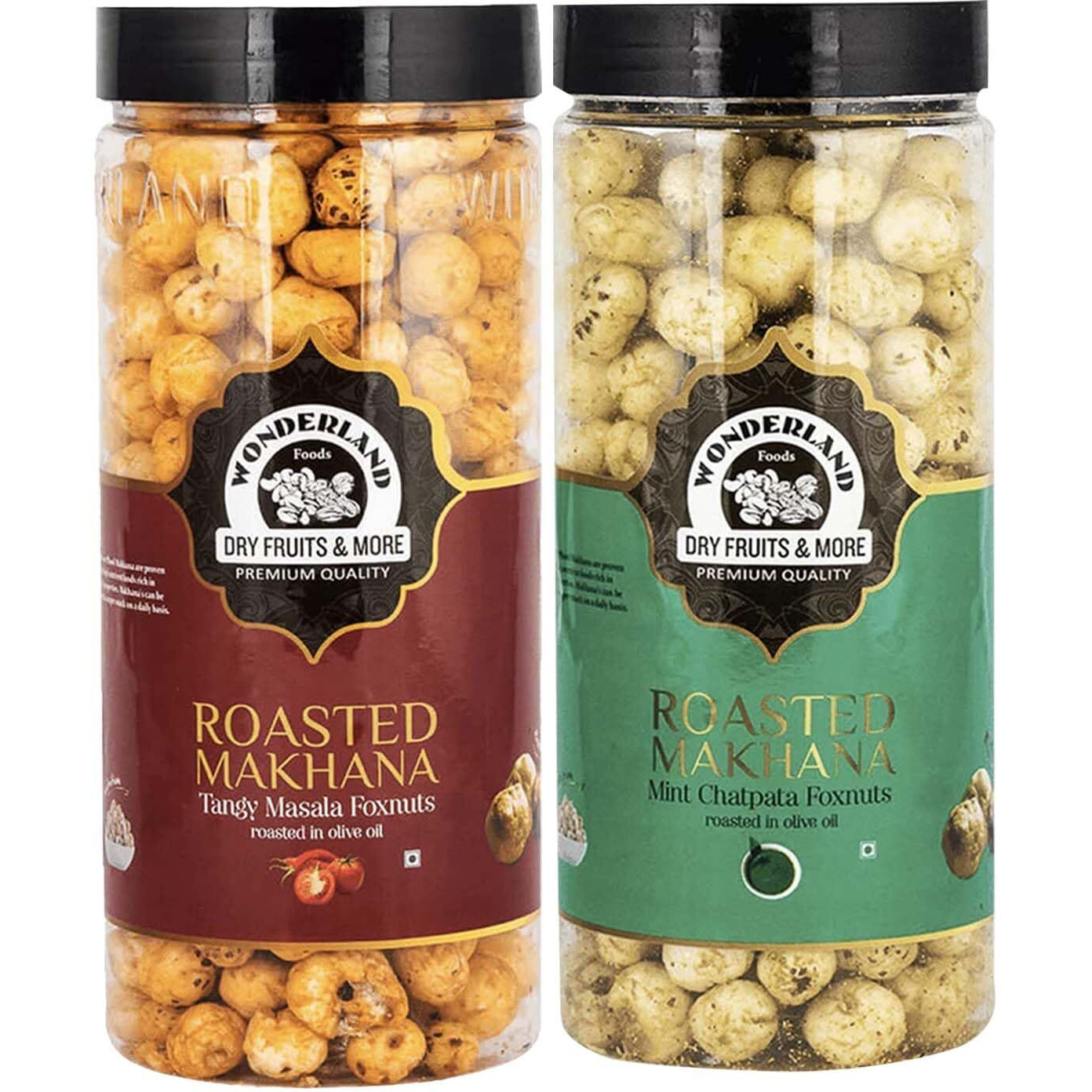 Wonderland Foods 200G (100G X 2) Roasted & Flavoured Makhana (Foxnut) Tangy Masala & Mint Chatpata Foxnut Jar Combo Pack