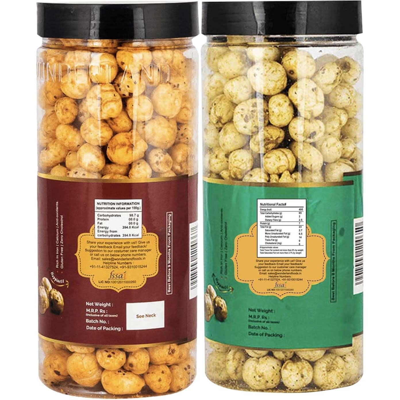 Wonderland Foods 200G (100G X 2) Roasted & Flavoured Makhana (Foxnut) Tangy Masala & Mint Chatpata Foxnut Jar Combo Pack