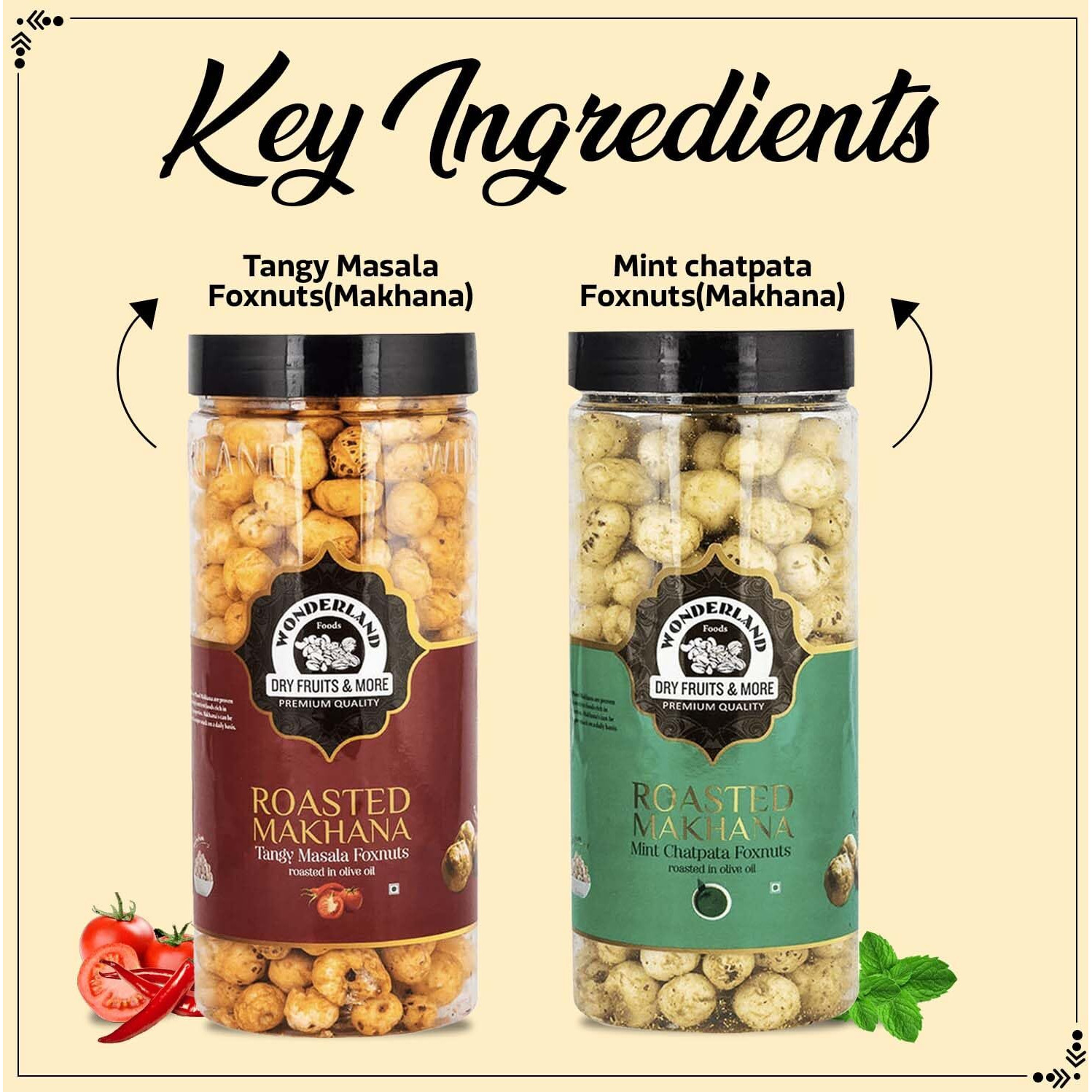 Wonderland Foods 200G (100G X 2) Roasted & Flavoured Makhana (Foxnut) Tangy Masala & Mint Chatpata Foxnut Jar Combo Pack