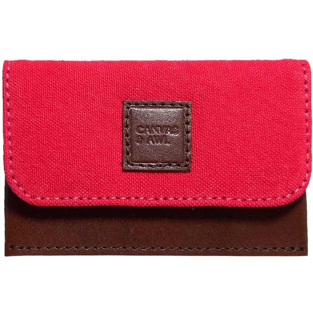 Canvas & Awl Canvas & Genuine Leather Card Holder Pocket Sized Slim Minimalist Wallet Business Card Case (Red & Brown)