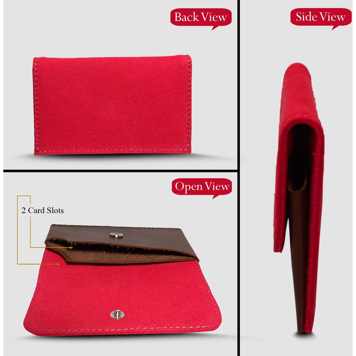 Canvas & Awl Canvas & Genuine Leather Card Holder Pocket Sized Slim Minimalist Wallet Business Card Case (Red & Brown)