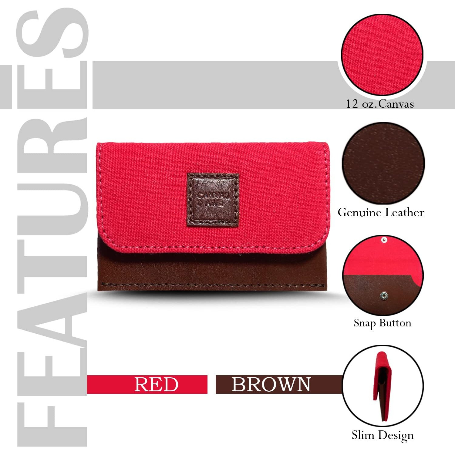 Canvas & Awl Canvas & Genuine Leather Card Holder Pocket Sized Slim Minimalist Wallet Business Card Case (Red & Brown)