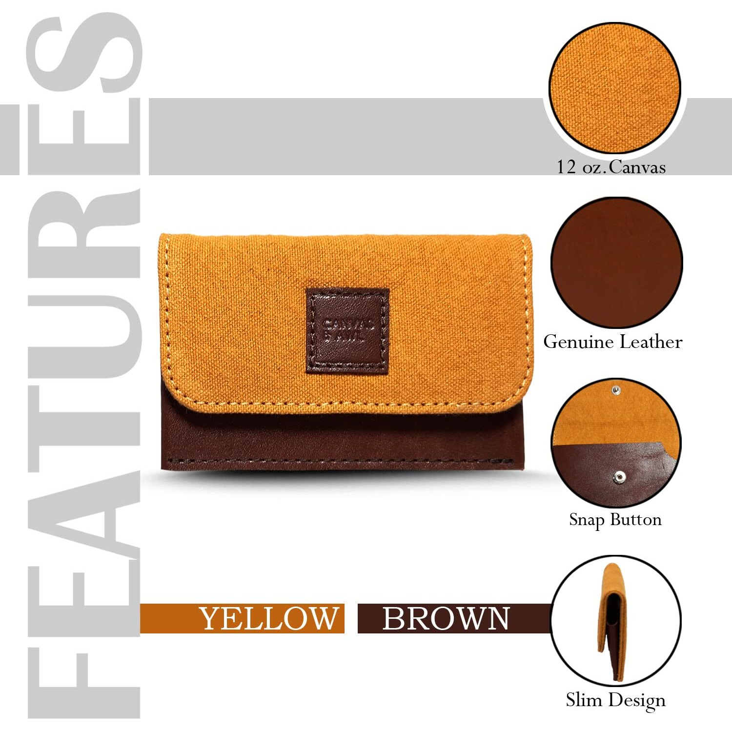 Canvas & Awl Canvas & Genuine Leather Card Holder Pocket Sized Slim Minimalist Wallet Business Card Case (Yellow & Brown)